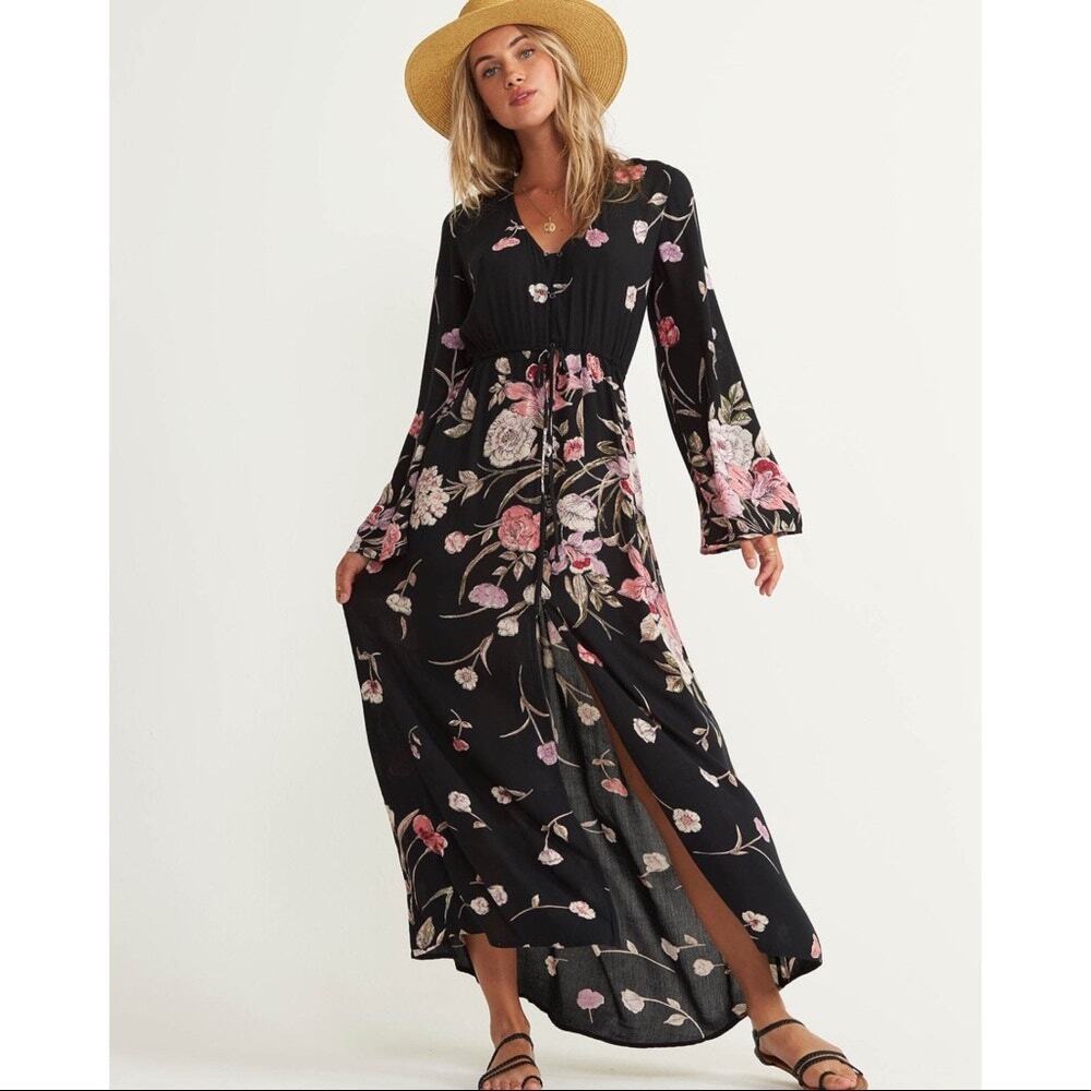 BILLABONG Women's Desi Kimono Maxi Dress Black Floral